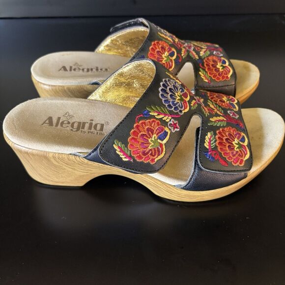 Alegria Linn Black Leather Embroidered Floral Sandals Women's Size 8 US, 38 EU - Picture 4 of 9